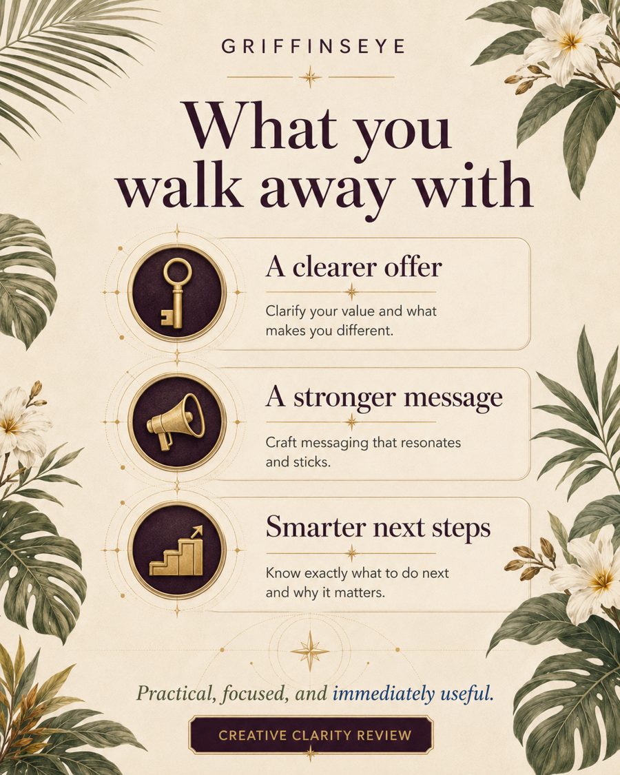 What you walk away with: a clearer offer, a stronger message, smarter next steps