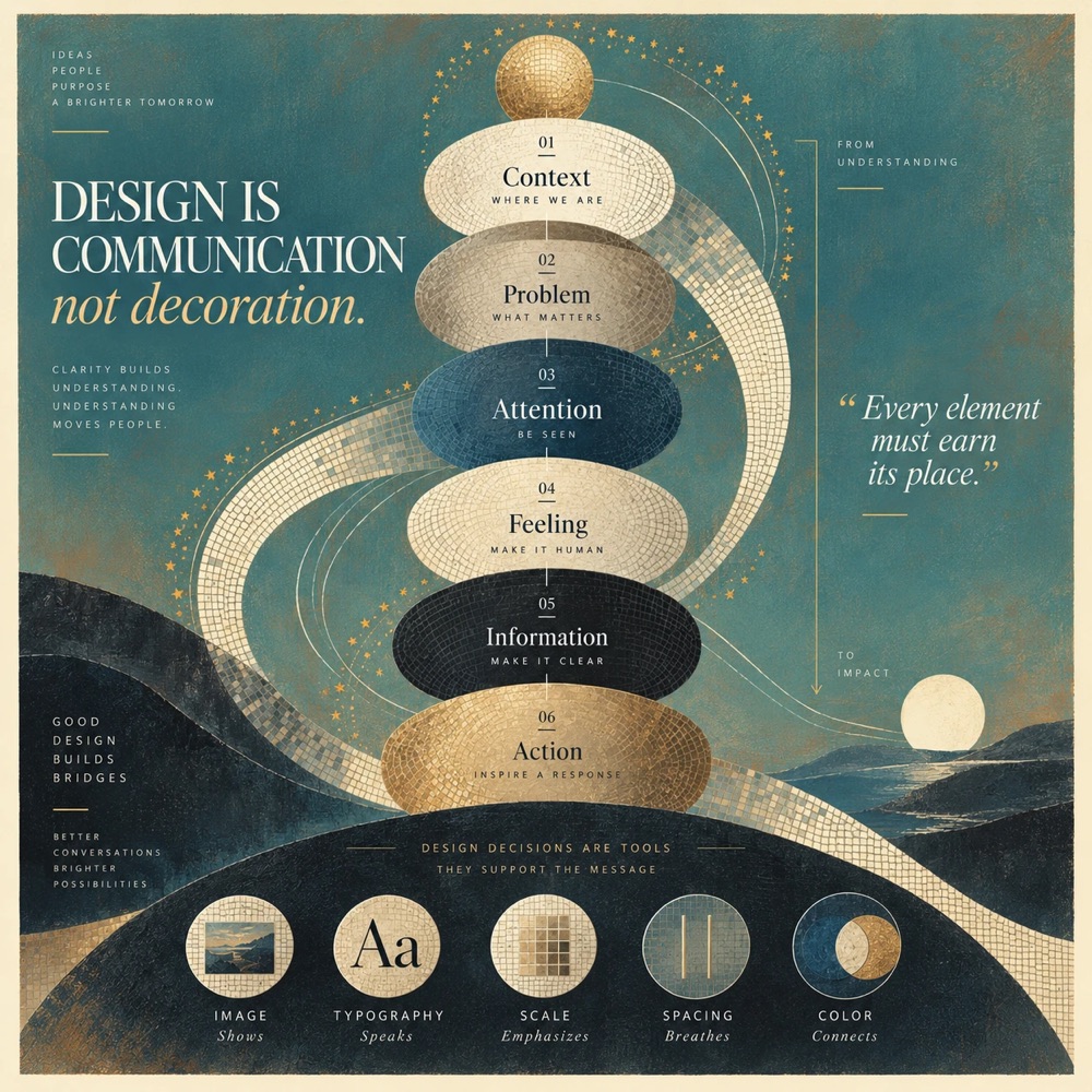 Illustration of six stacked design principles — context, problem, attention, feeling, information, action — rising from understanding to impact, with the line "Design is communication, not decoration."